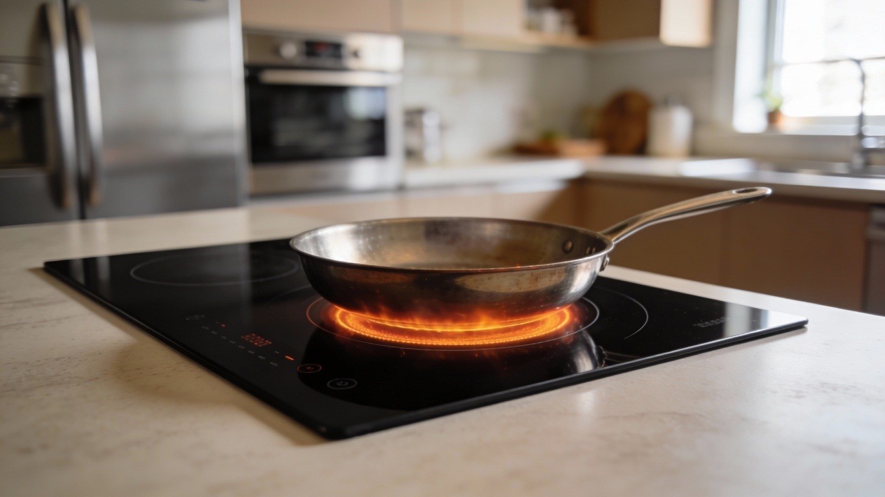 Frigideira de metal sobre cooktop de indução preto, com área de aquecimento laranja na cozinha.