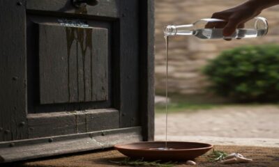 Mão derramando líquido de garrafa em tigela de cerâmica na porta com alho e alecrim.