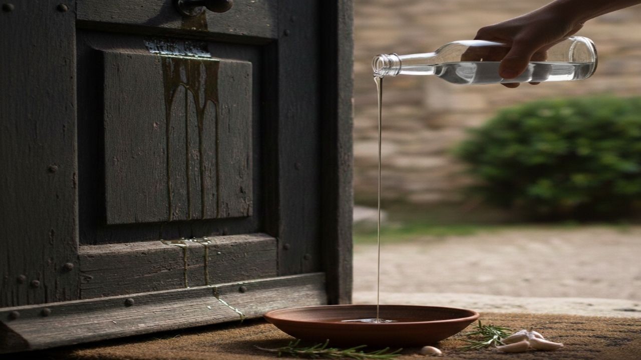 Mão derramando líquido de garrafa em tigela de cerâmica na porta com alho e alecrim.