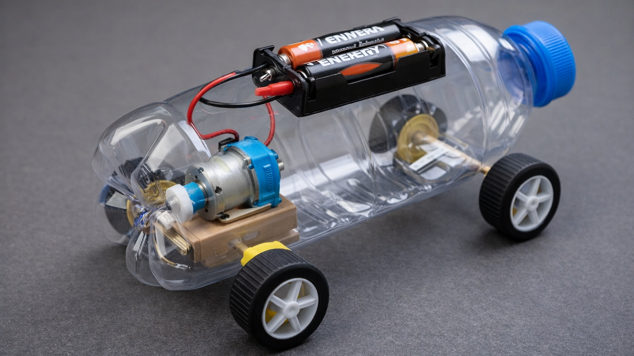 Projeto criativo transforma garrafa PET em carrinho movido a pilha