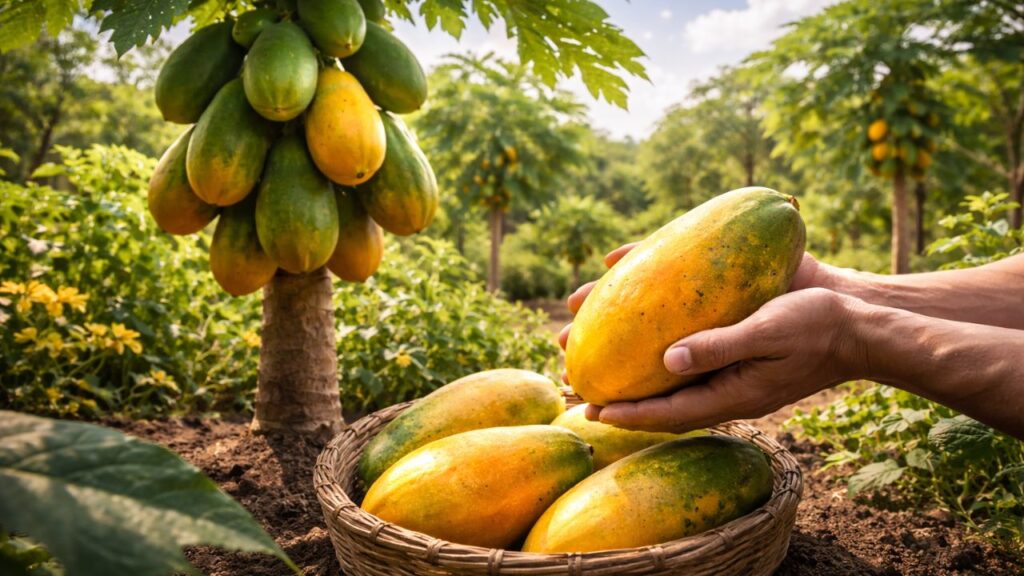 Uma semente esquecida de mamão-papaia virou colheita no quintal