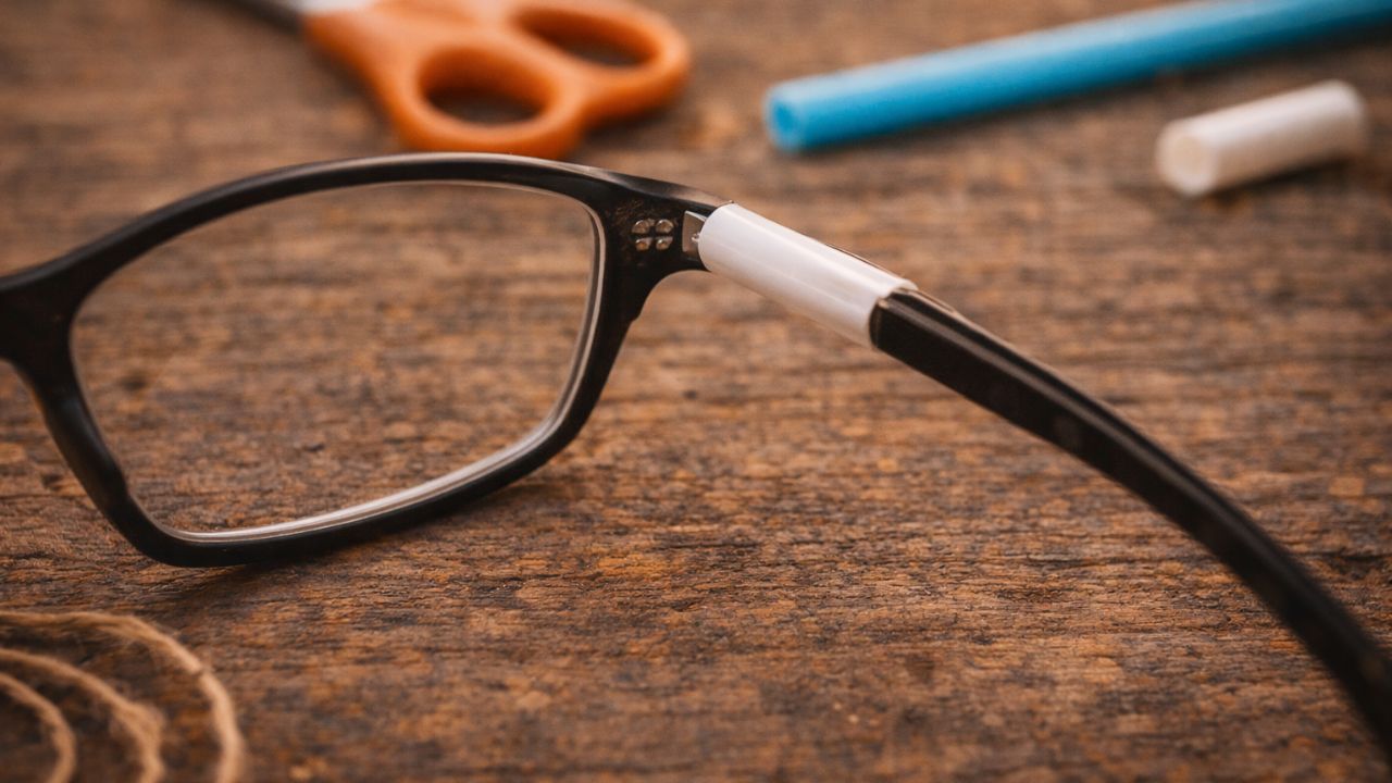 A perna do óculos quebrou e um canudo resolveu melhor do que parecia