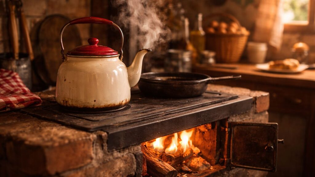 Fogão a lenha e chaleira esmaltada marcaram uma geração