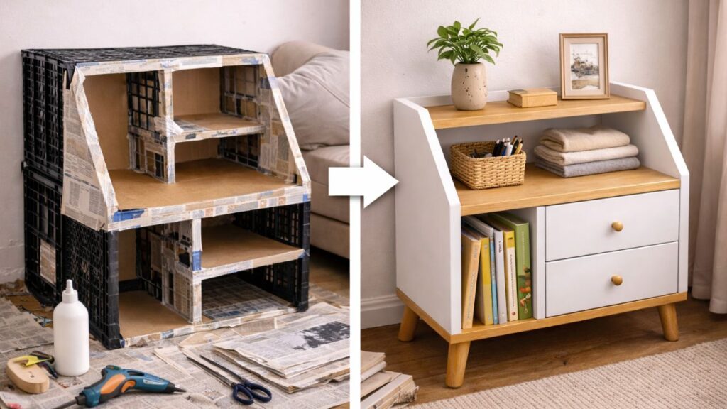 Duas caixas plásticas viram móvel organizador gastando pouco