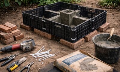 Com caixas plásticas e cimento, ele criou um aquário com fonte em casa