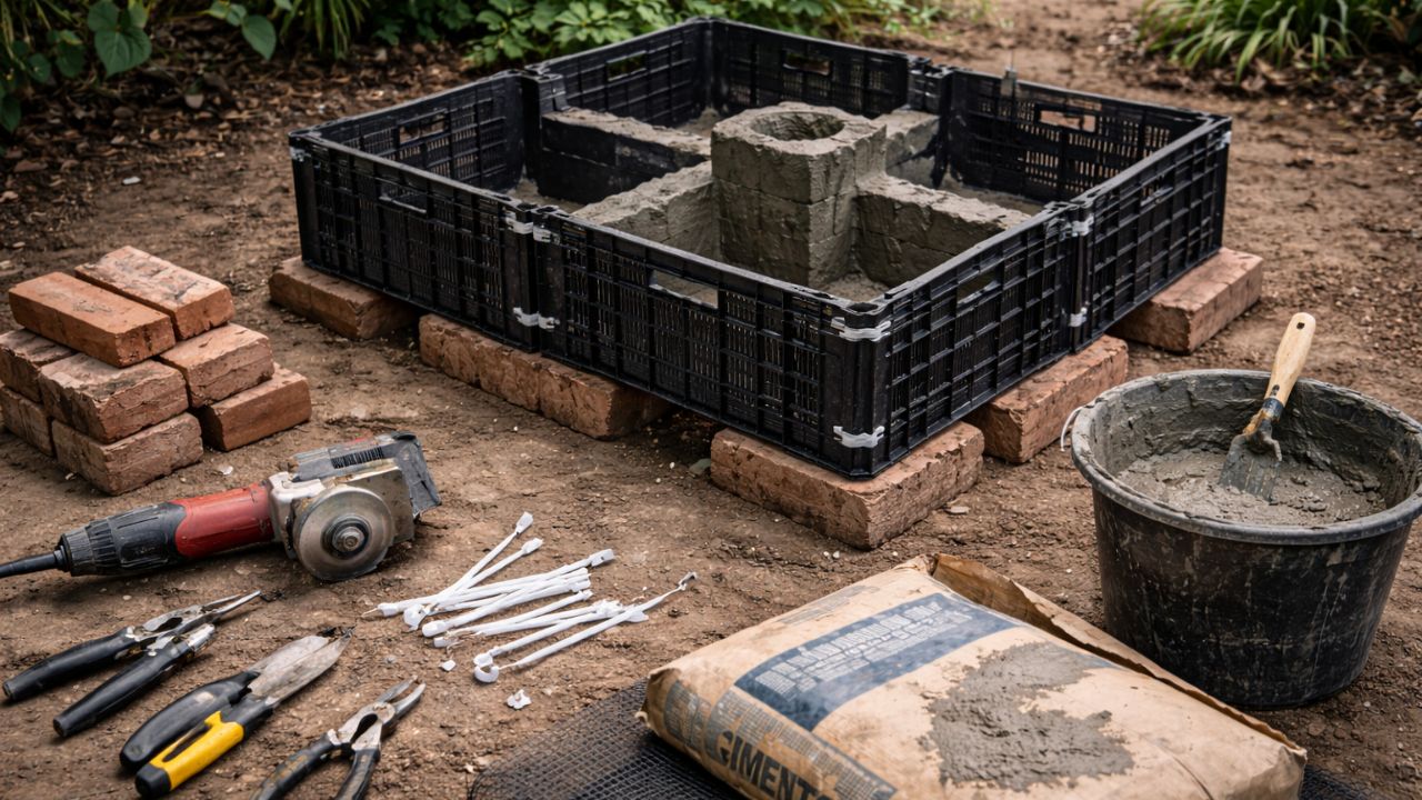 Com caixas plásticas e cimento, ele criou um aquário com fonte em casa