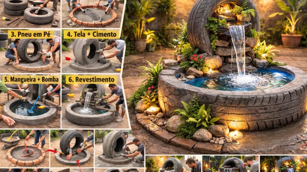 Transforme pneus usados em uma linda fonte com queda d’água