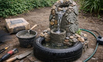 Transforme pneus usados em uma linda fonte com queda d’água