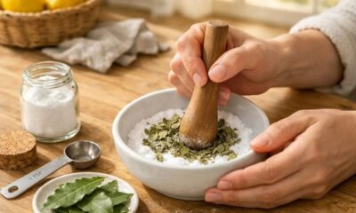 Mãos trituram folhas de louro secas com bicarbonato de sódio em um pilão de madeira.