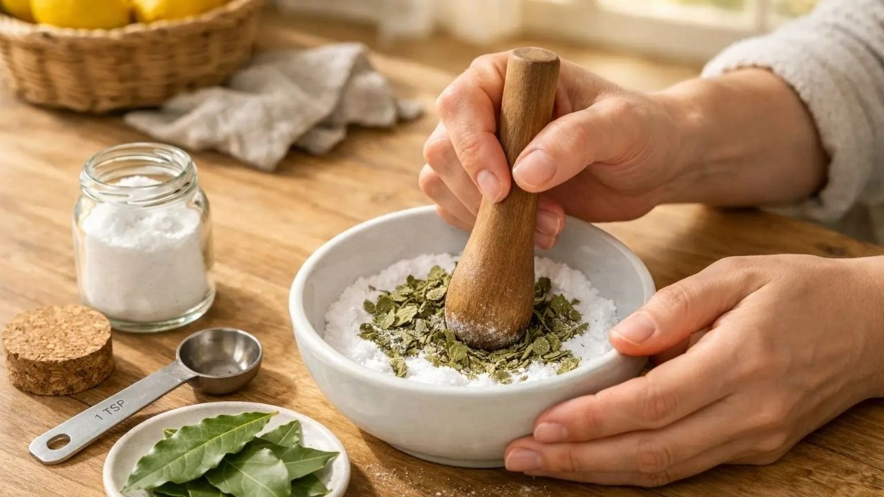 Mãos trituram folhas de louro secas com bicarbonato de sódio em um pilão de madeira.