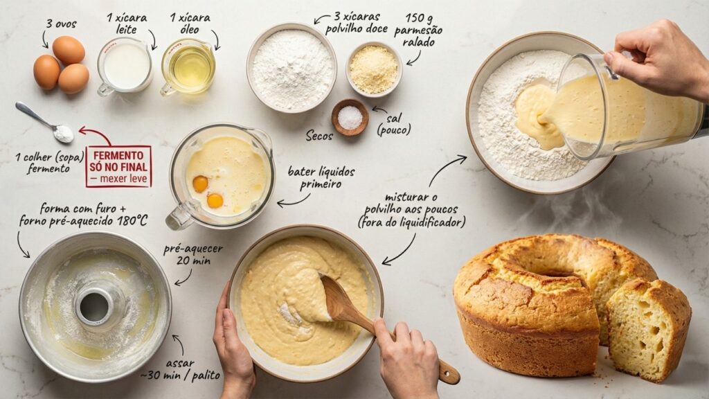 Quando eu preciso de um lanche rápido, eu lembro do cheiro de pão de queijo e já me dá fome. Hoje, eu faço esse bolo de pão de queijo de liquidificador, que leva poucos ingredientes e em cerca de 30 minutos fica pronto