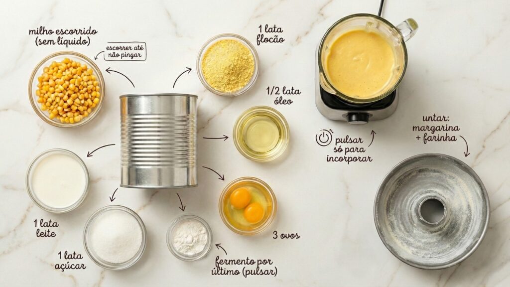 Com apenas um milho enlatado e um liquidificador, você faz esse bolo delicioso que fica pronto em 40 minutos