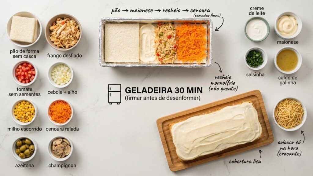 Este bolo salgado de pão de forma rende 15 porções e traz camadas cremosas de frango, criando uma receita perfeita para qualquer mesa