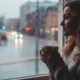 Mulher em perfil olhando a chuva pela janela, segurando caneca fumegante, luzes desfocadas na rua.