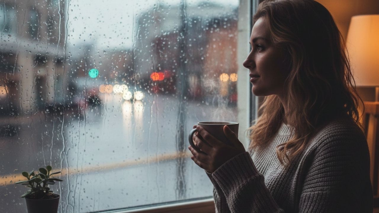 Mulher em perfil olhando a chuva pela janela, segurando caneca fumegante, luzes desfocadas na rua.