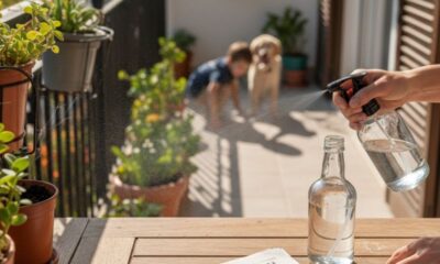 Mão borrifa líquido de frasco spray em varanda com plantas, criança e cachorro ao fundo.