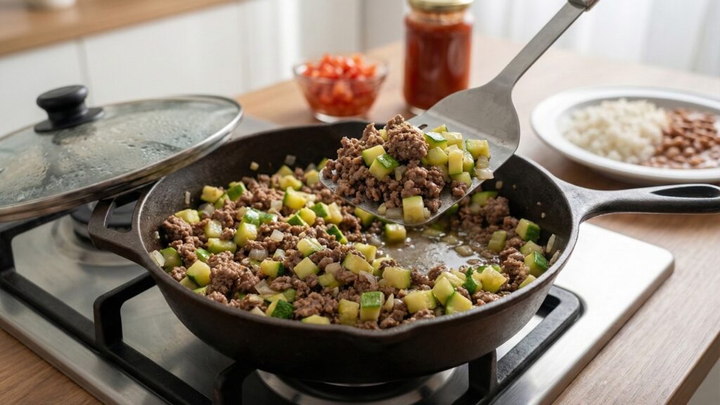 Esse refogado de carne moída com abobrinha fica úmido na medida e salva qualquer almoço rápido