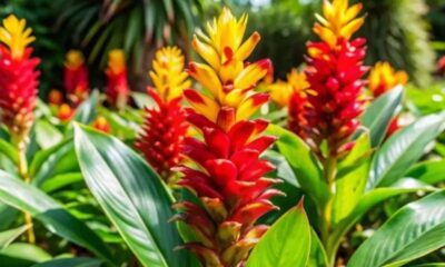 Plantas tropicais com flores vermelhas e amarelas vibrantes em um jardim verde.