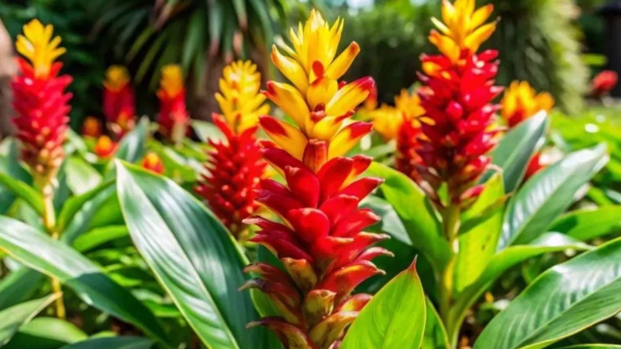Plantas tropicais com flores vermelhas e amarelas vibrantes em um jardim verde.