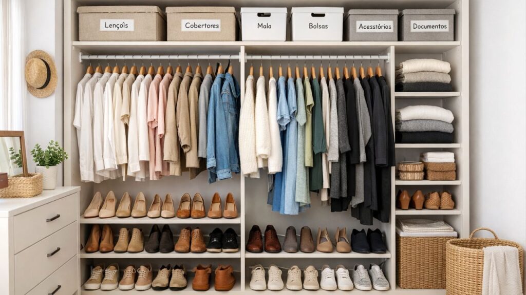 Depois do trabalho inicial, a manutenção é o ponto-chave para evitar o retorno da bagunça. Devolver as roupas ao lugar definido, separar um espaço para peças que precisam de reparo e reservar alguns minutos semanais para ajustes rápidos ajudam a preservar a ordem.
Revisões periódicas, especialmente a cada troca de estação, permitem avaliar o que continua fazendo sentido na rotina. Com isso, a organização de closet vira hábito e o guarda-roupa passa a funcionar como aliado da casa, especialmente quando conta com boa iluminação, como fitas de LED e pontos de luz em prateleiras e gavetas profundas.