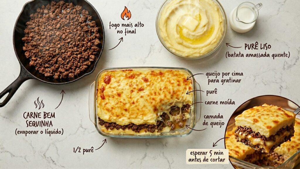 Minha família sempre faz esse escondidinho de carne moída e ele sempre sai firme e bem cremoso