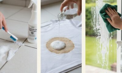 Mãos limpando rejunte com escova, removendo mancha de camiseta e lavando janela.