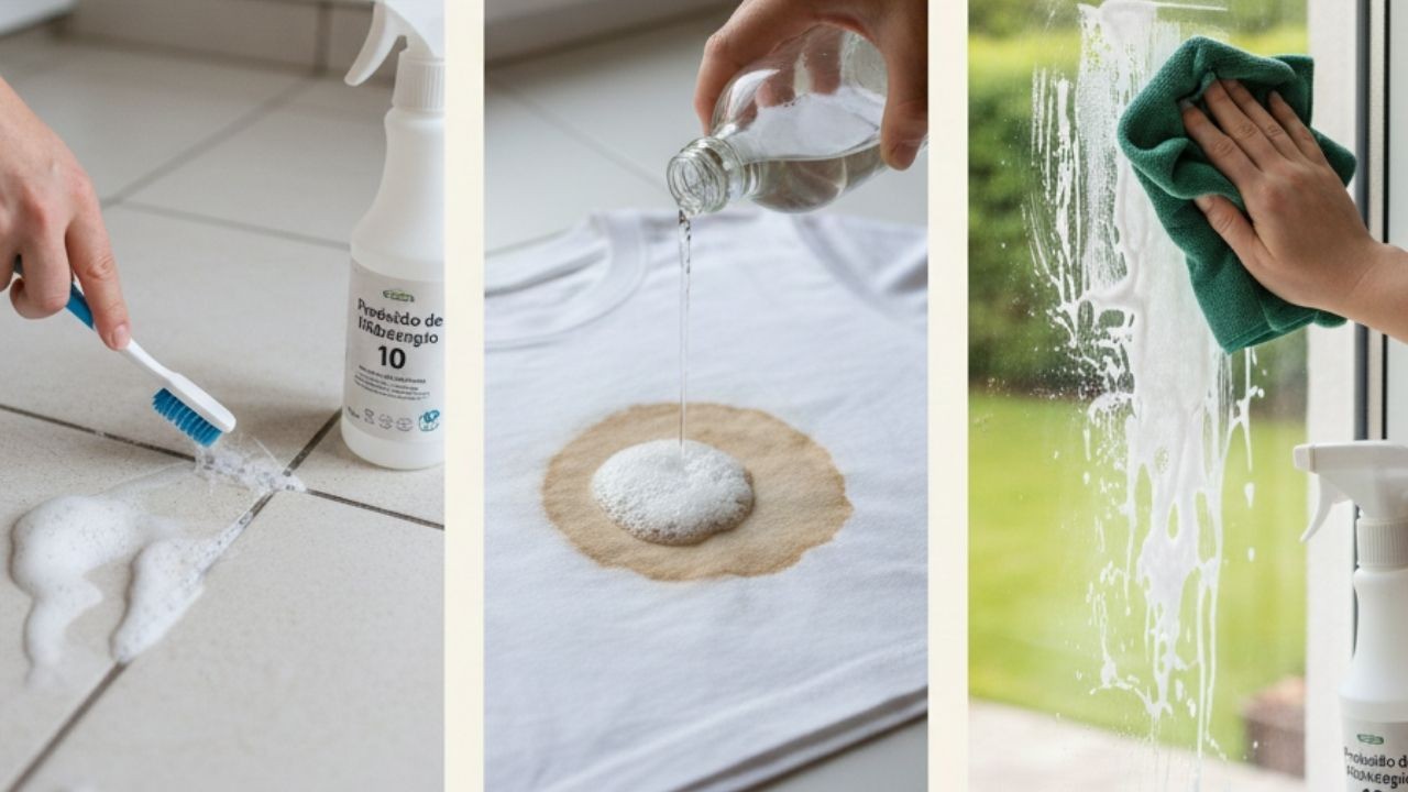 Mãos limpando rejunte com escova, removendo mancha de camiseta e lavando janela.