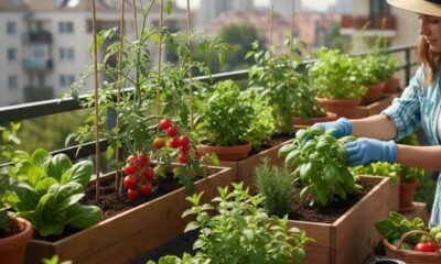 Mulher de chapéu e luvas azuis cuidando de manjericão em horta de varanda com tomates e verduras.