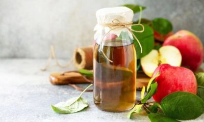 Garrafa de vinagre de maçã com maçãs vermelhas e folhas verdes sobre superfície cinza.