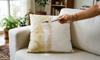 O amarelado vai desaparecer num estalar de dedos: com só uma colher, as almofadas ficam brancas como a neve