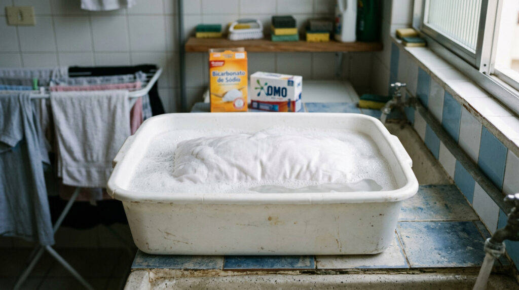 O amarelado desaparece num estalar de dedos: com uma colher, as almofadas ficam brancas como a neve