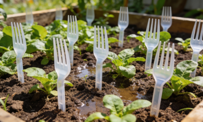 Jardineiros experientes garantem que funciona: Coloque garfos de plástico na terra do seu jardim