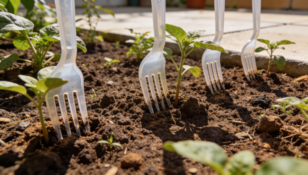 Jardineiros experientes garantem que funciona: Coloque garfos de plástico na terra do seu jardim