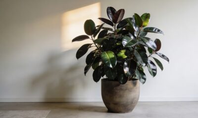 Essa planta ficus elastica chama atenção pelo tamanho, pelas folhas grossas e pelo impacto visual dentro de casa