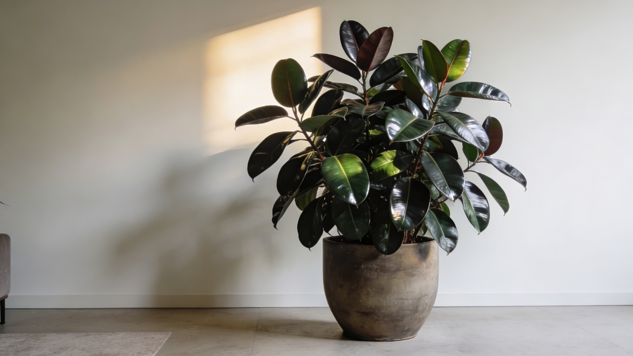 Essa planta ficus elastica chama atenção pelo tamanho, pelas folhas grossas e pelo impacto visual dentro de casa