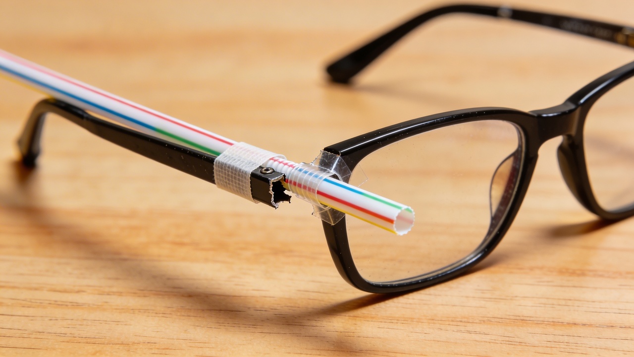 A perna do óculos quebrou e um canudo resolveu melhor do que parecia