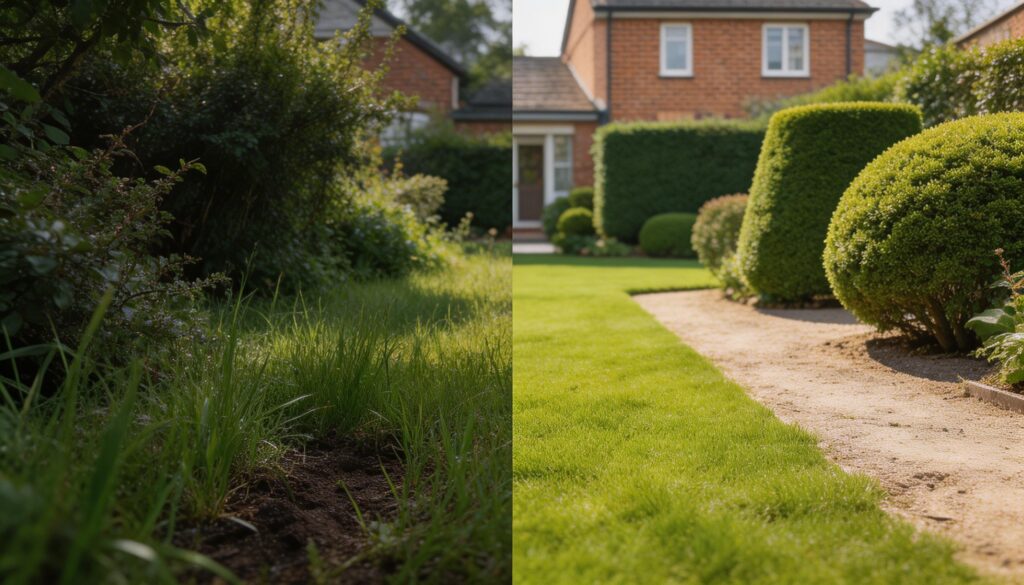 Jardim residencial dividido em duas áreas contrastantes: de um lado gramado alto e arbustos densos formando sombra úmida, do outro lado gramado aparado e arbustos podados com solo limpo e seco, casa ao fundo com parede de alvenaria, mostrando visualmente jardim organizado e mais seguro.