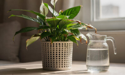 Lírio-da-paz com pontas queimadas nunca mais: só um ajuste de água e drenagem e a planta muda de fase