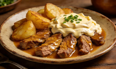 Corte a carne em tirinhas, asse algumas batatas e faça uma refeição completa com creme de queijo irresistível