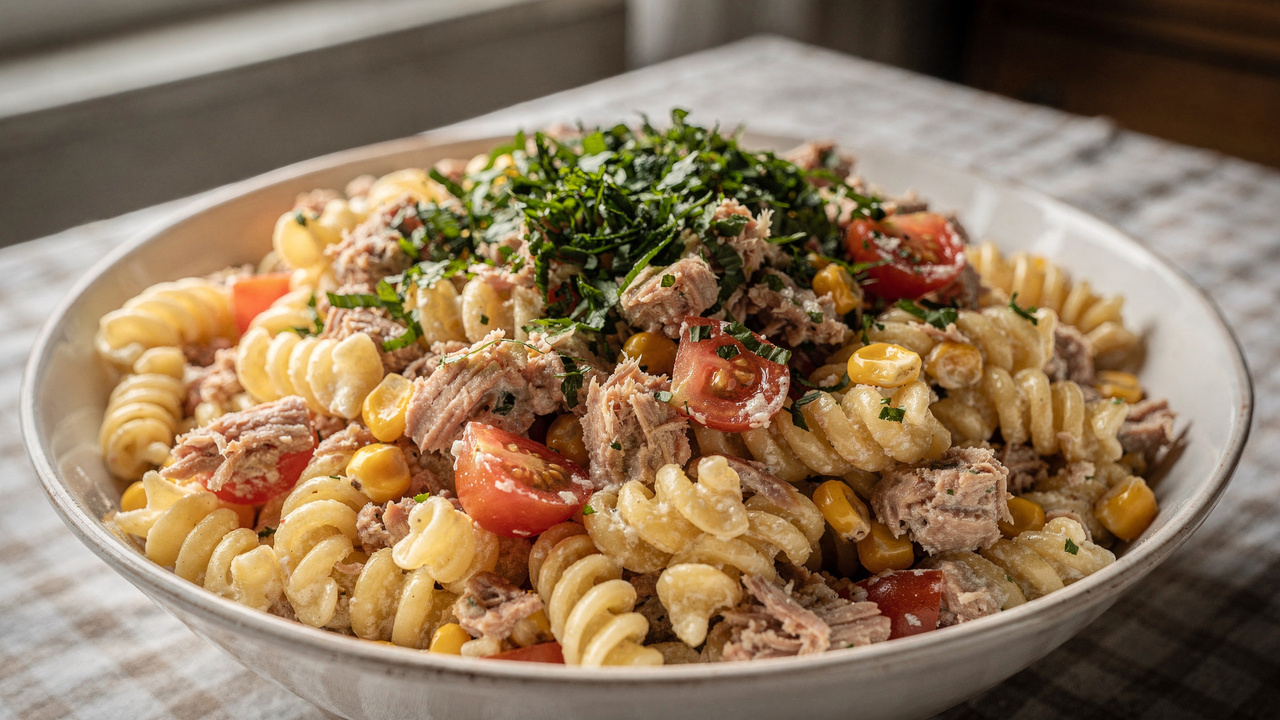 Essa salada de macarrão com atum fica pronta em 30 minutos e ainda melhora depois de gelar