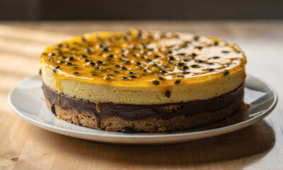 Essa torta com chocolate se destaca pelo equilíbrio entre doce e o azedinho do maracujá