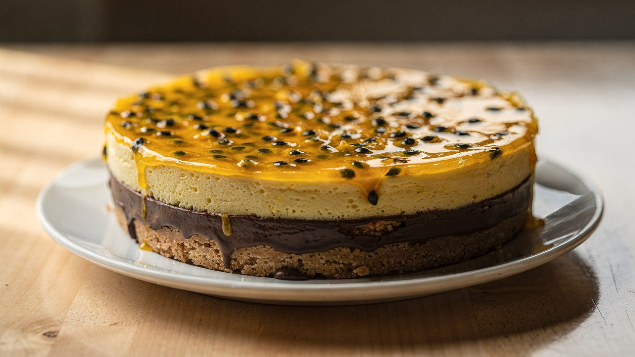 Essa torta com chocolate se destaca pelo equilíbrio entre doce e o azedinho do maracujá