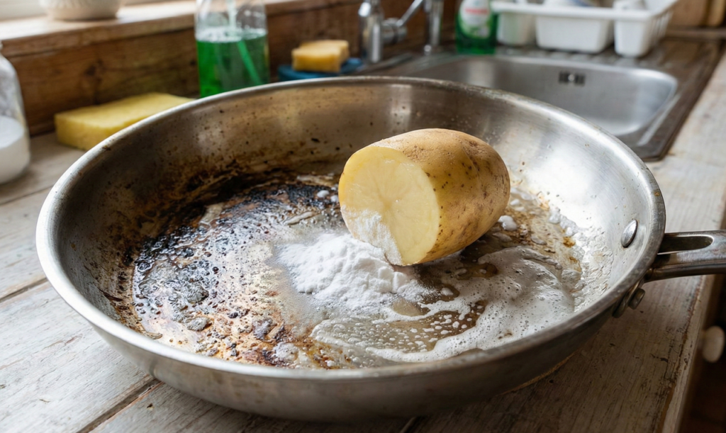 A combinação da batata com o bicarbonato ajuda a remover aquelas sujeiras mais difíceis