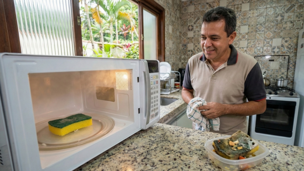 O micro-ondas ajuda a eliminar parte das bactérias presentes na esponja entre uma lavagem e outra