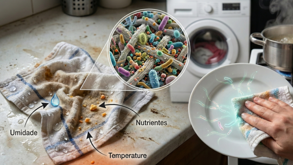 Com o uso cotidiano, o pano de prato pode acumular muitas bactérias devido a sujeira e umidade