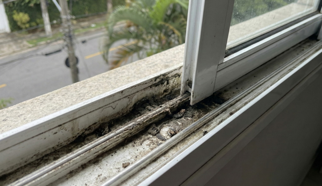 Os trilhos da janela acumulam bastante sujeira e pó com o passar do tempo