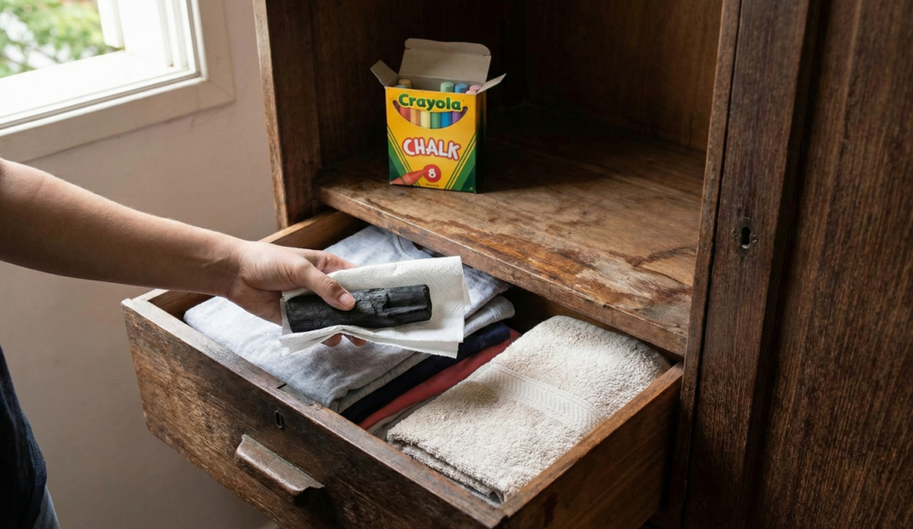 O giz e o carvão podem ser armazenados nas partes onde se sente maior cheiro de mofo do guarda-roupas