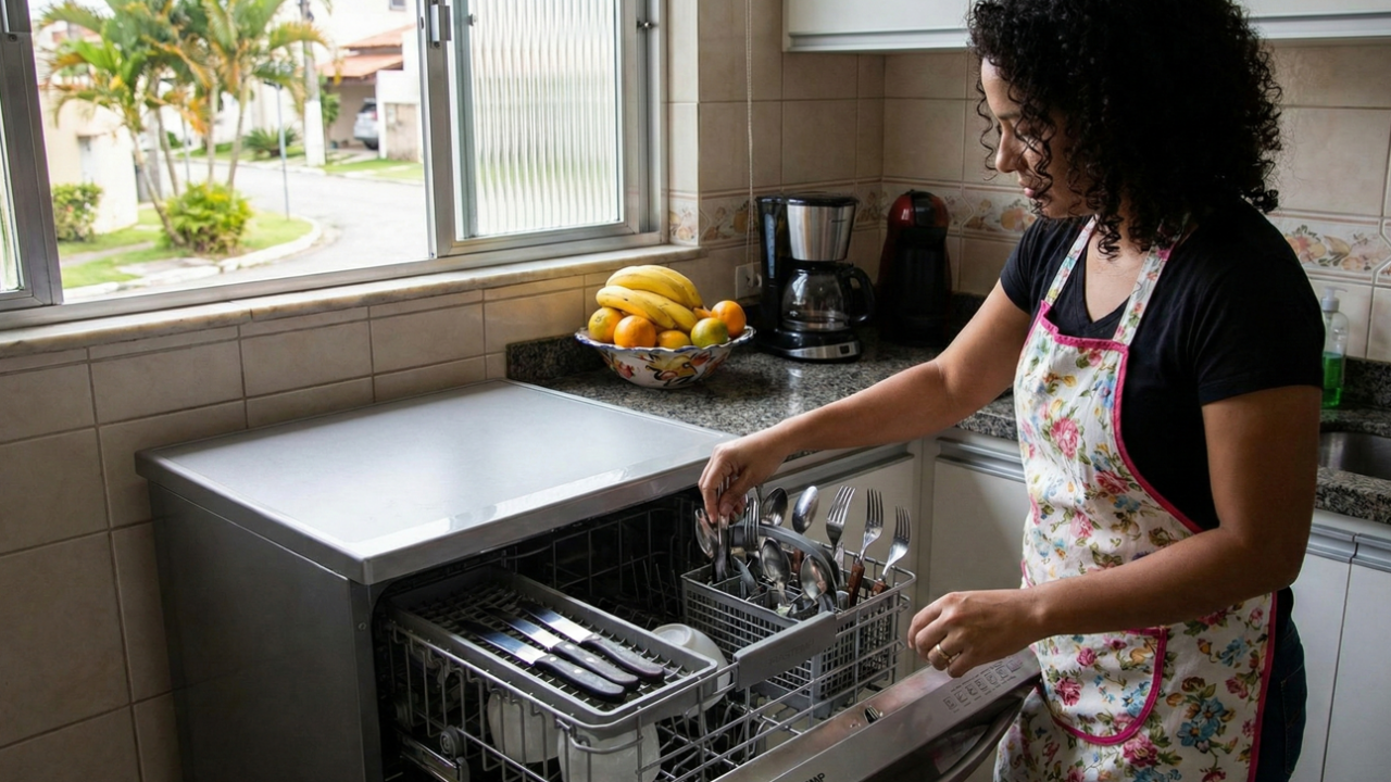 De que lado os talheres devem ficar ao colocar a louça para lavar?
