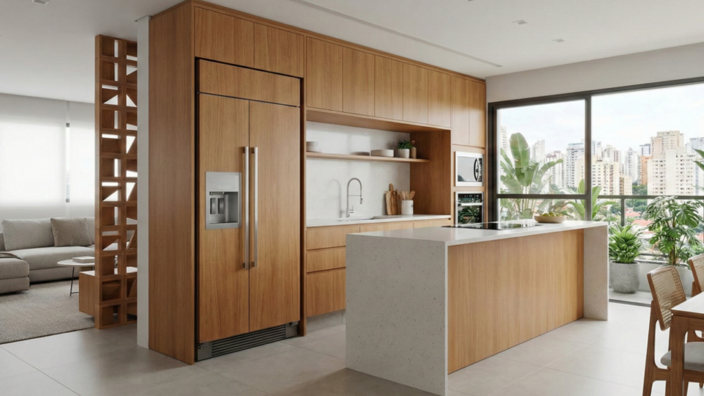 É possível embutir sua geladeira de maneira que ela pareça parte do armário