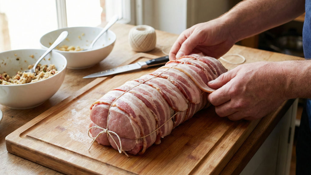Enrolar o lombinho com bacon garante uma boa crocância extra ao prato